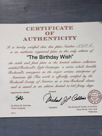 "The Birthday Wish" by Norman Rockwell collectible plate