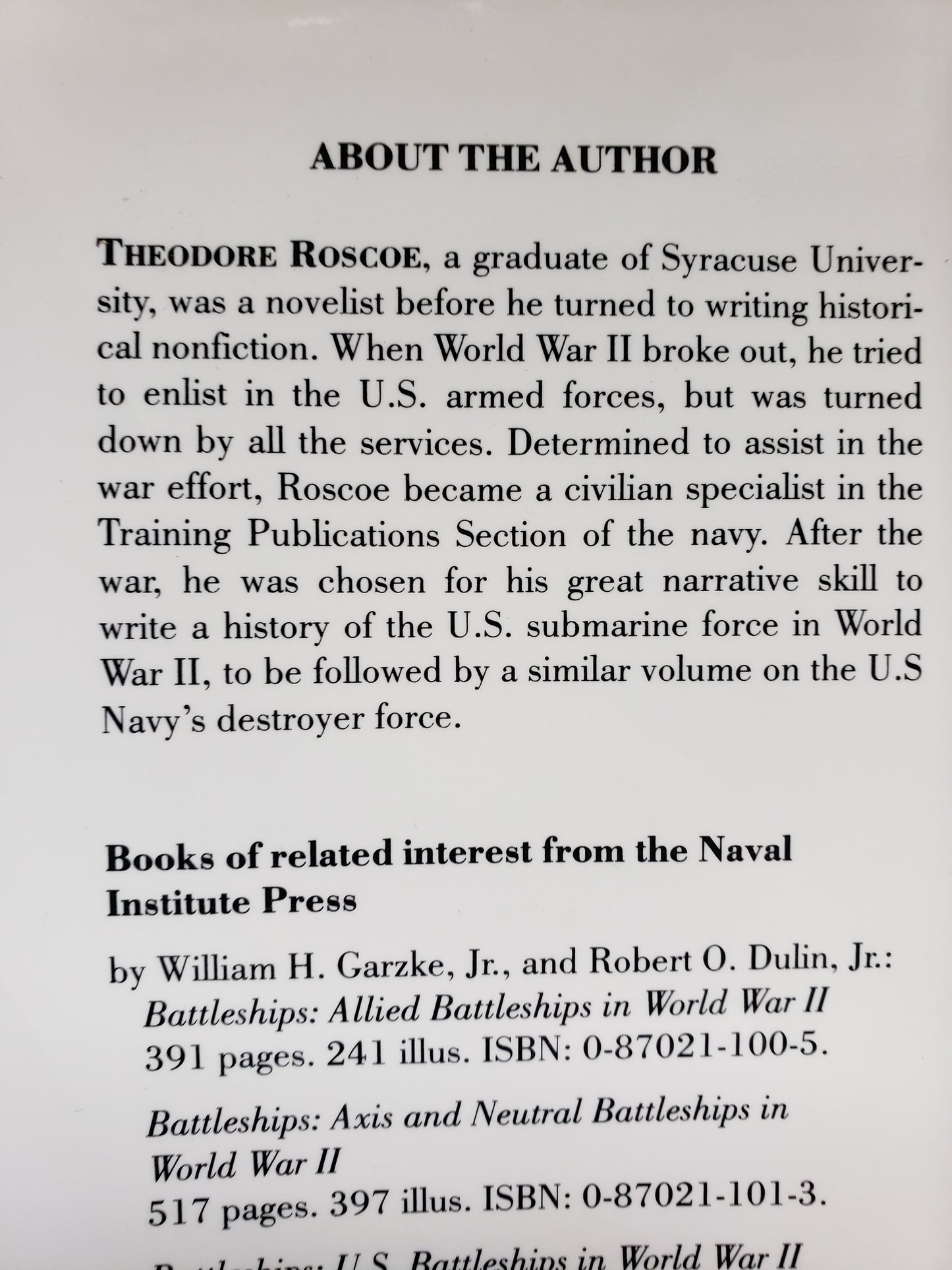 United States Destroyer Operations in World War II by Theodore Roscoe