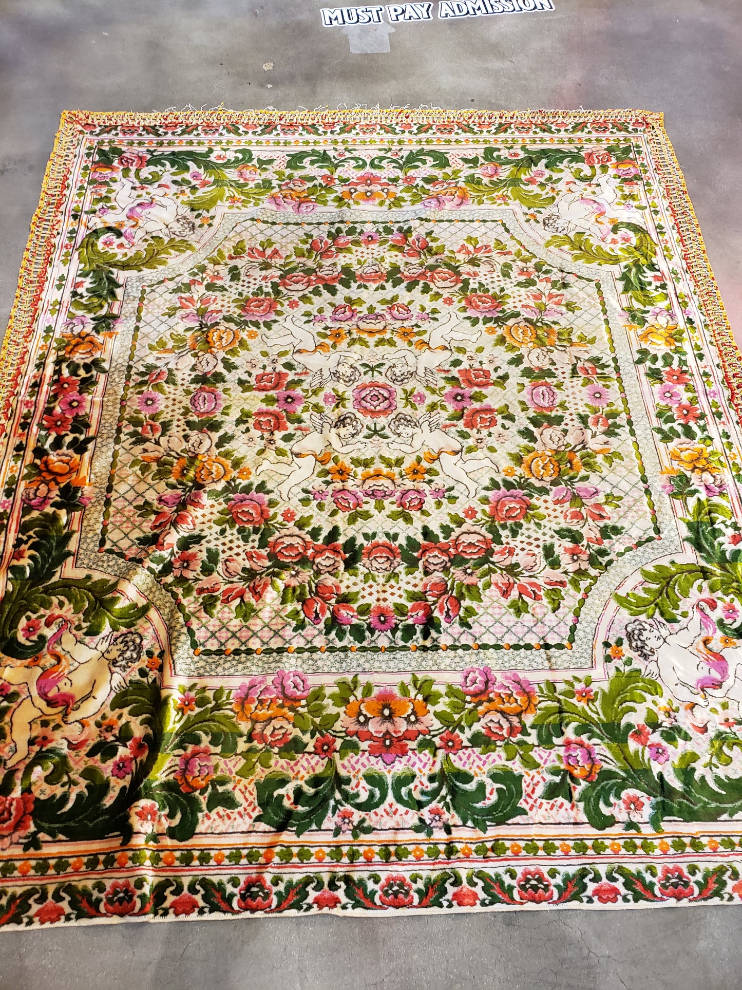 Vintage Velour Floral Cherubs Bedspread 97 x 81 inches