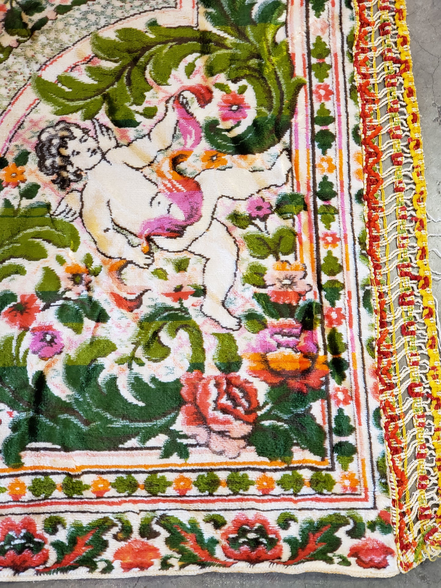 Vintage Velour Floral Cherubs Bedspread 97 x 81 inches