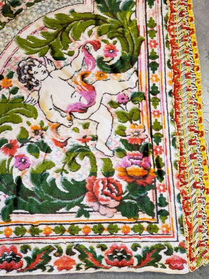Vintage Velour Floral Cherubs Bedspread 97 x 81 inches