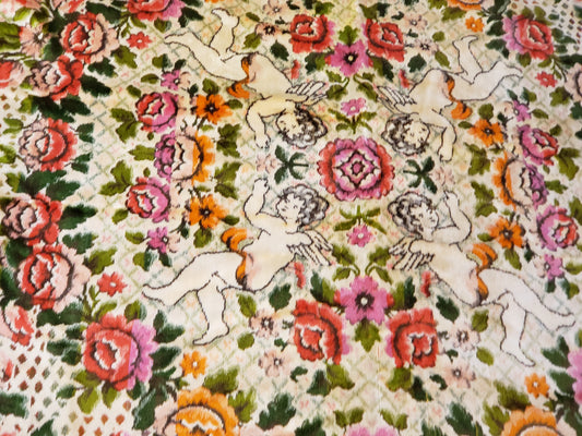 Vintage Velour Floral Cherubs Bedspread 97 x 81 inches