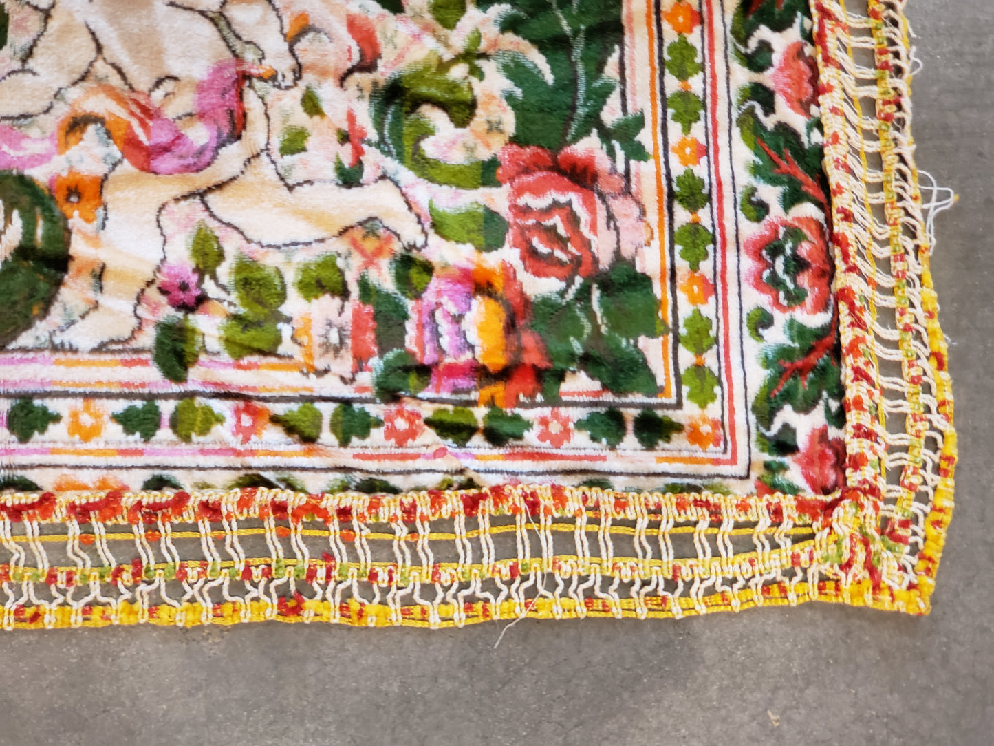 Vintage Velour Floral Cherubs Bedspread 97 x 81 inches