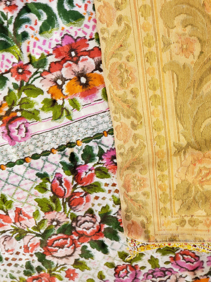 Vintage Velour Floral Cherubs Bedspread 97 x 81 inches
