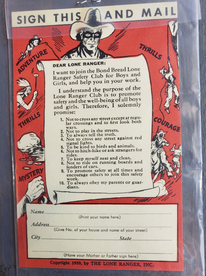 The Lone Ranger Bond Bread Safety mail in card