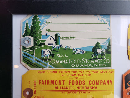 Frame with 6 vintage cream tags