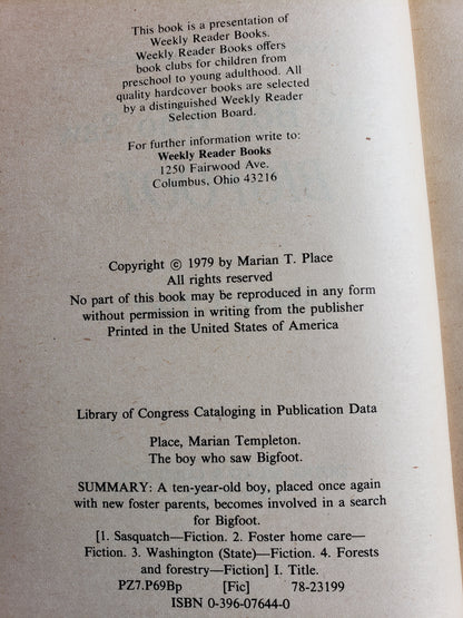 The Boy Who Saw Bigfoot by Marian T. Place (1979)