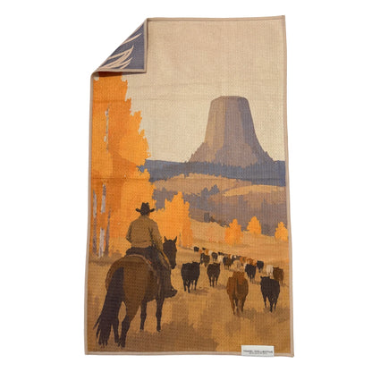 Mooving the Herd (Devil's Tower) Waffle Weave Hand Towel