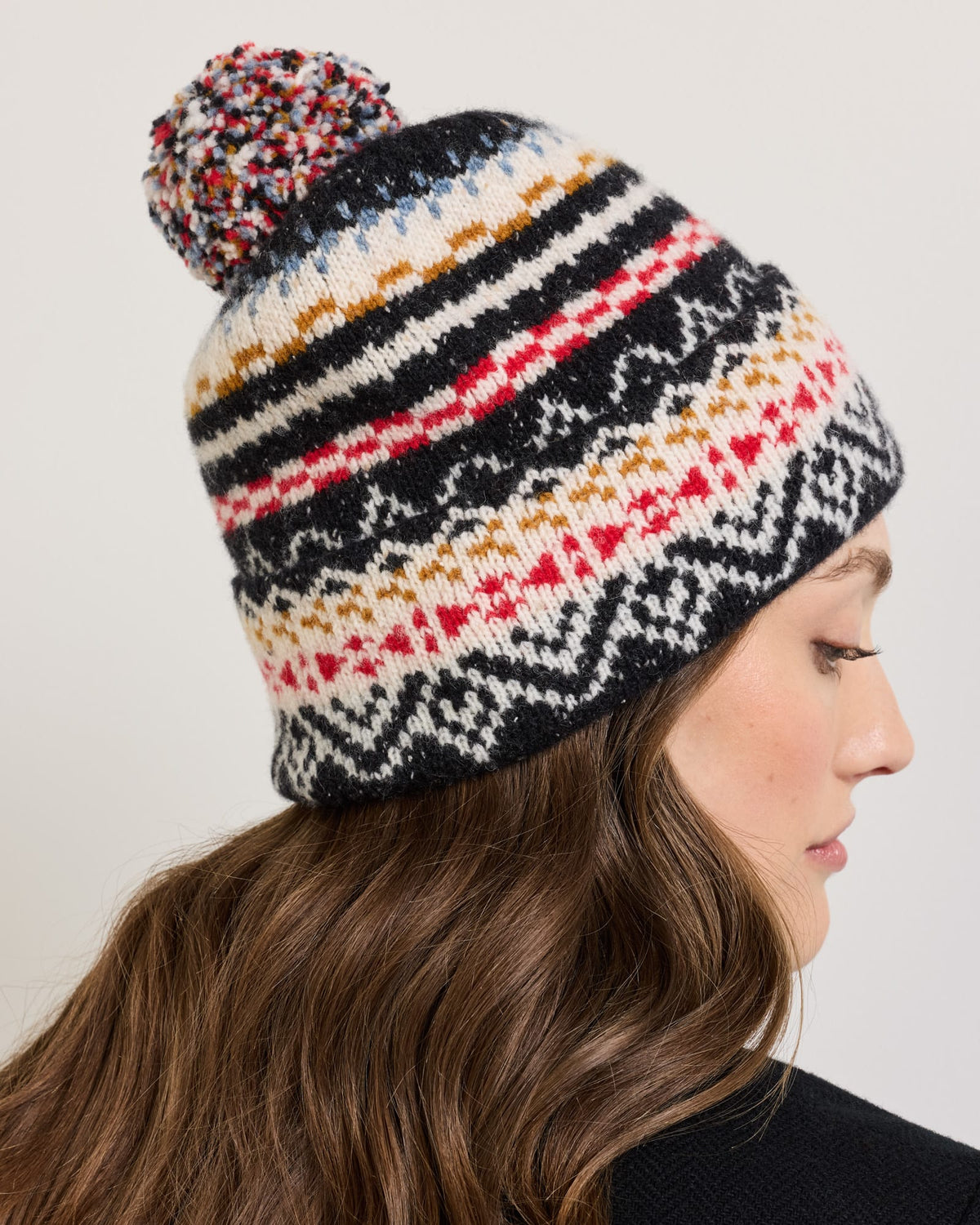 Pendleton Lambswool Beanie with Pom in Fairisle Black