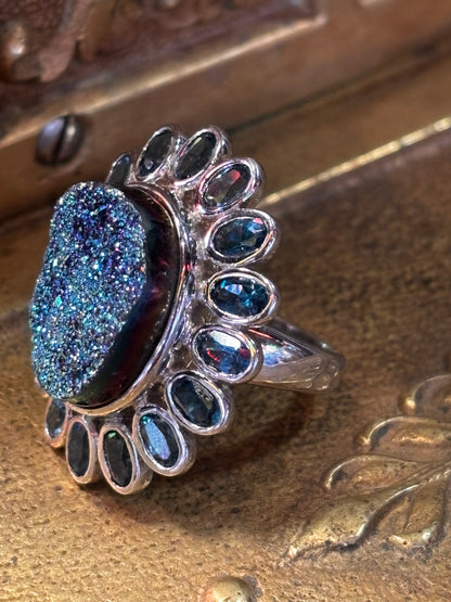 Blue Topaz & Druzy Stone Ring Size 7 Sterling Silver Blue Flower Elegant