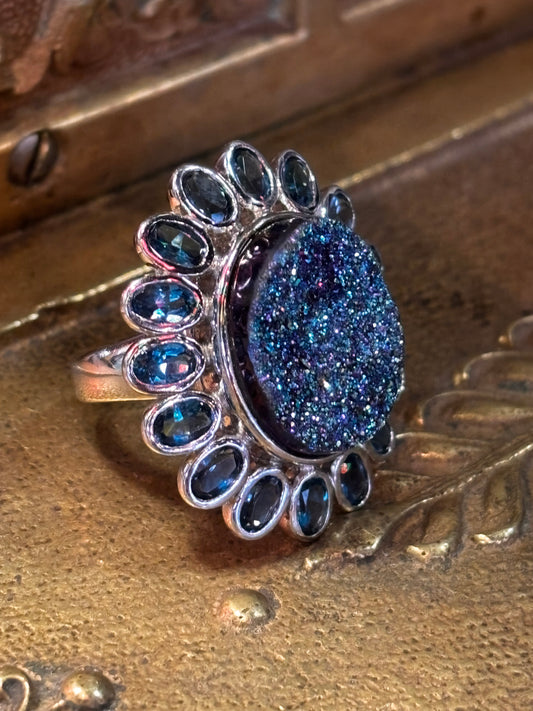 Blue Topaz & Druzy Stone Ring Size 7 Sterling Silver Blue Flower Elegant