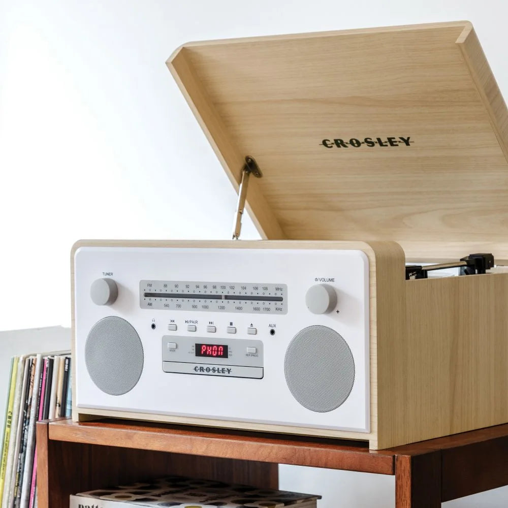 Crosley Carter 7-in-1 Bluetooth Vinyl Record Player, 3-Speed Turntable, CD Players, AM/FM Radio, Natural