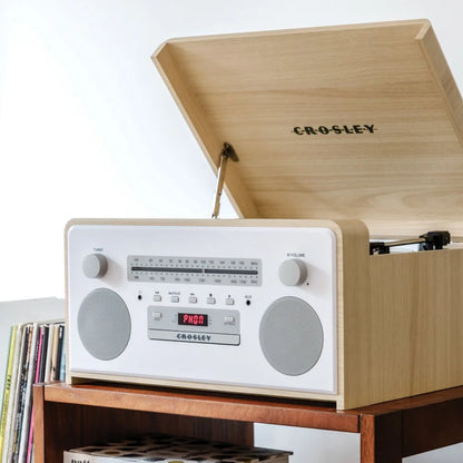 Crosley Carter 7-in-1 Bluetooth Vinyl Record Player, 3-Speed Turntable, CD Players, AM/FM Radio, Natural