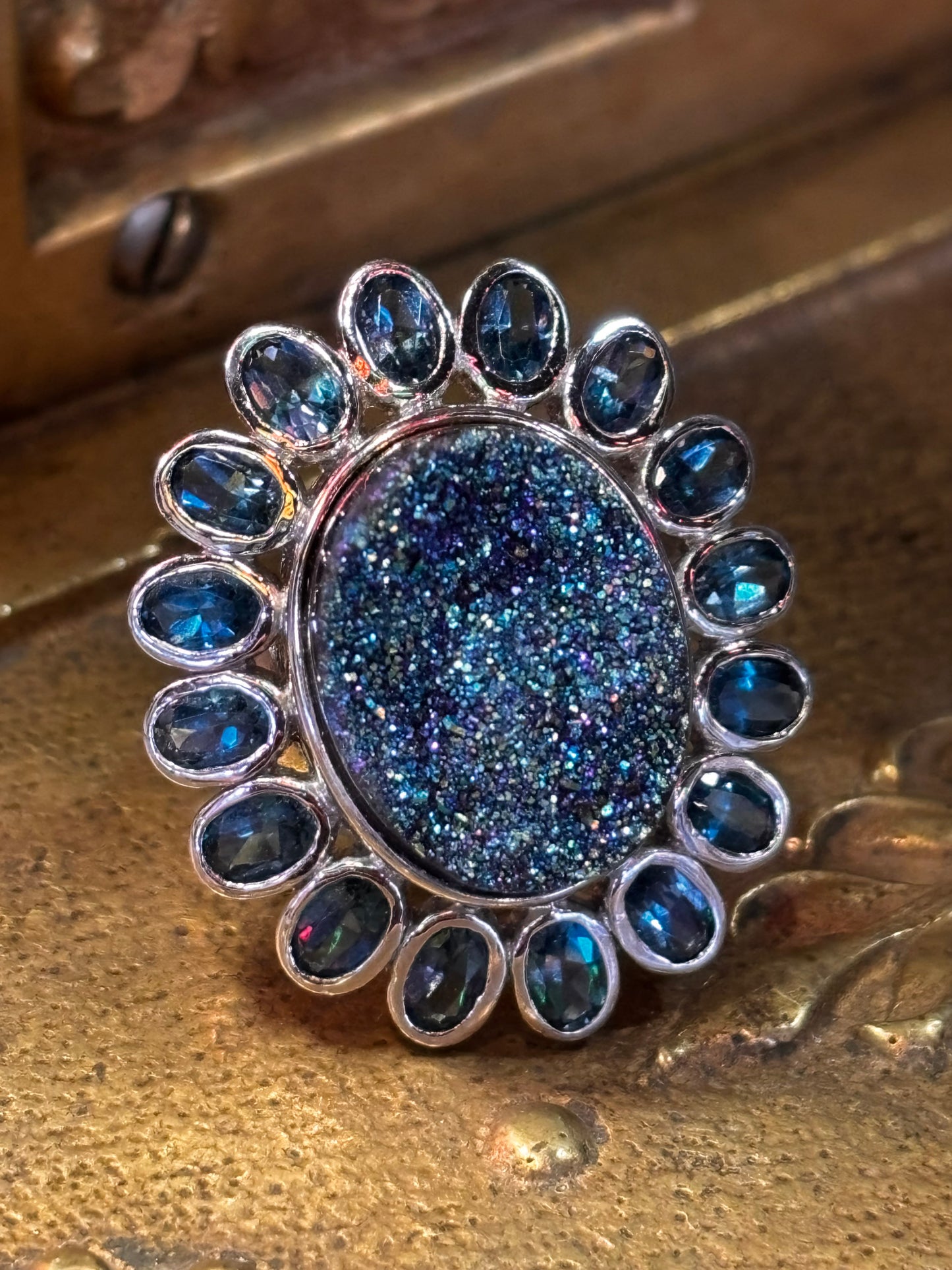 Blue Topaz & Druzy Stone Ring Size 7 Sterling Silver Blue Flower Elegant