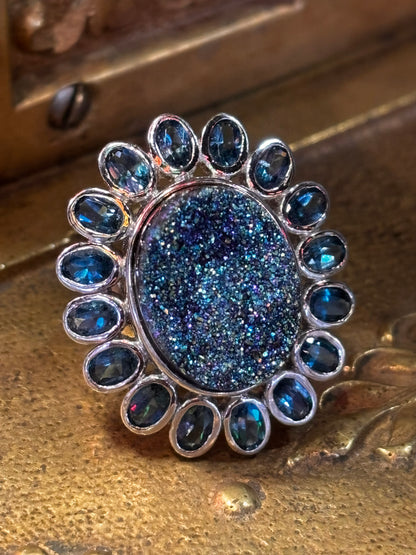 Blue Topaz & Druzy Stone Ring Size 7 Sterling Silver Blue Flower Elegant