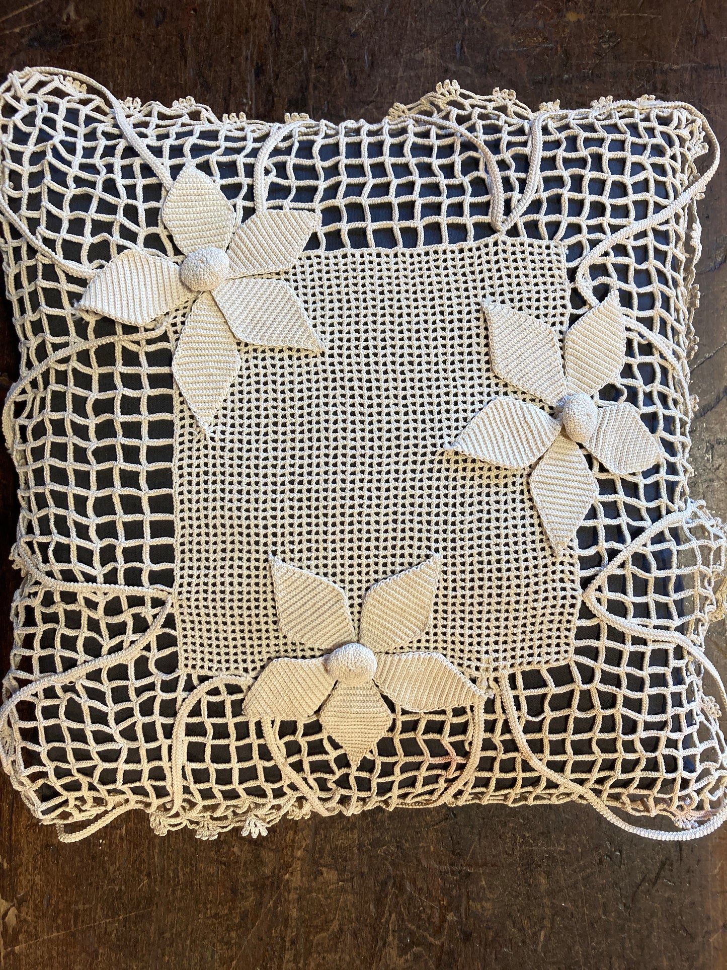 Black Pillow with Crochet Floral Front