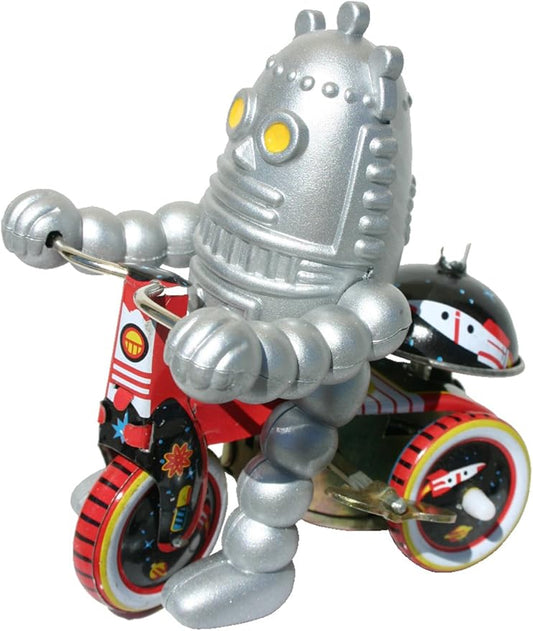 Silver Wind Up Robot Riding Bike Tin Toy