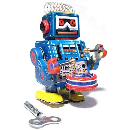 Blue Wind Up Drummer Robot Tin Toy