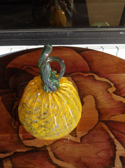 Hand Blown yellow pumpkin with metallic green stem