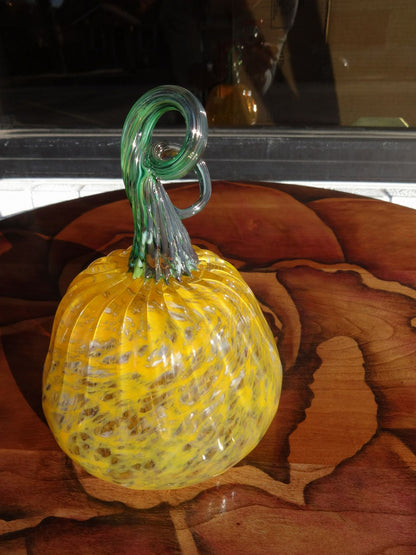 Hand Blown yellow pumpkin with metallic green stem