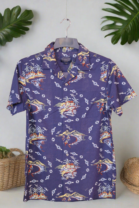 Pendleton Men's Blue Tropical Print Short Sleeve Button-Down Western Shirt