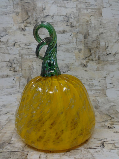 Hand Blown yellow pumpkin with metallic green stem