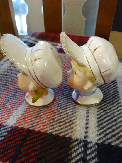 Boy & Girl Faces  in White Hats Salt & Pepper Shaker Set