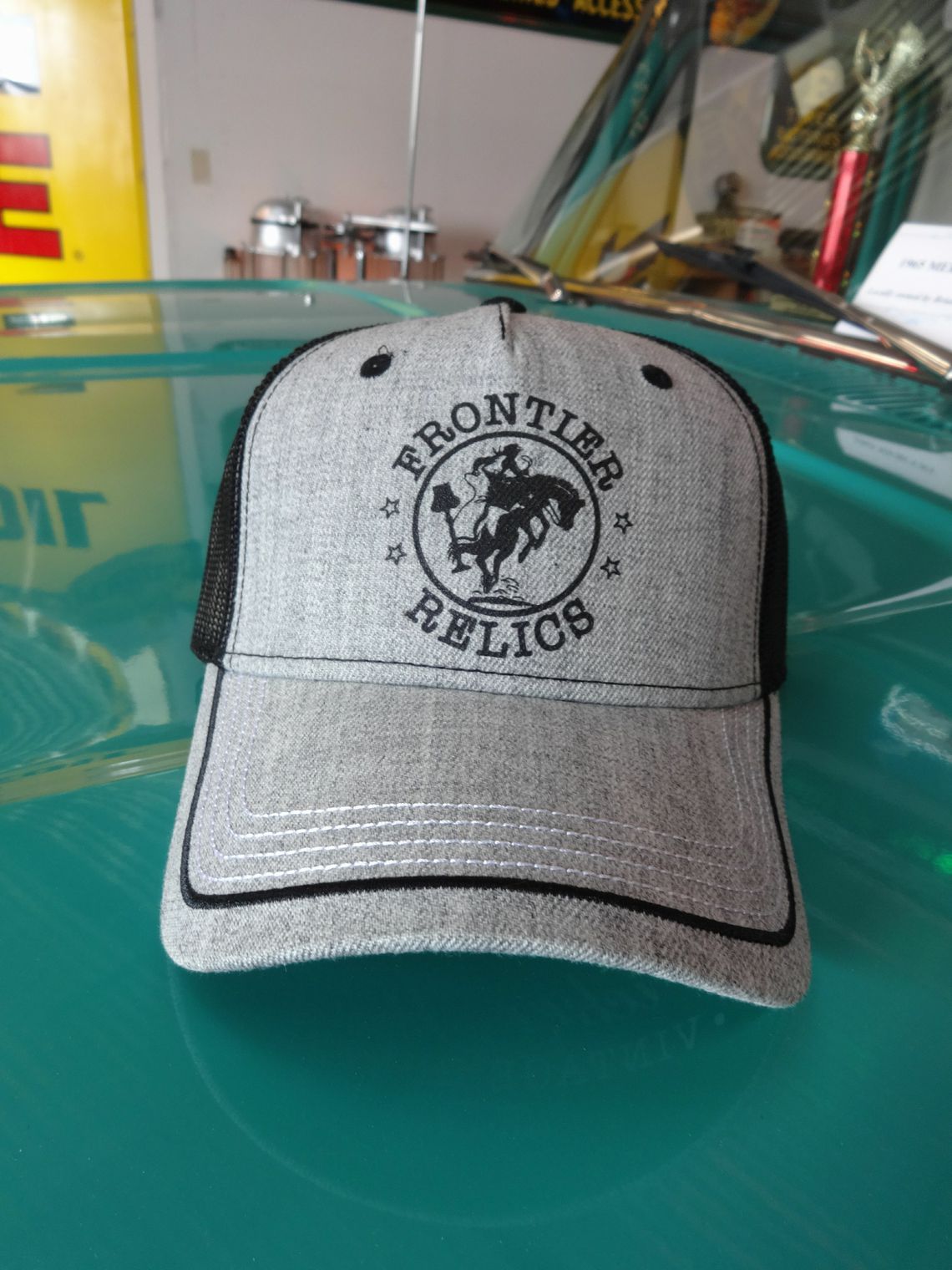 Grey Frontier Relics hat with black mesh