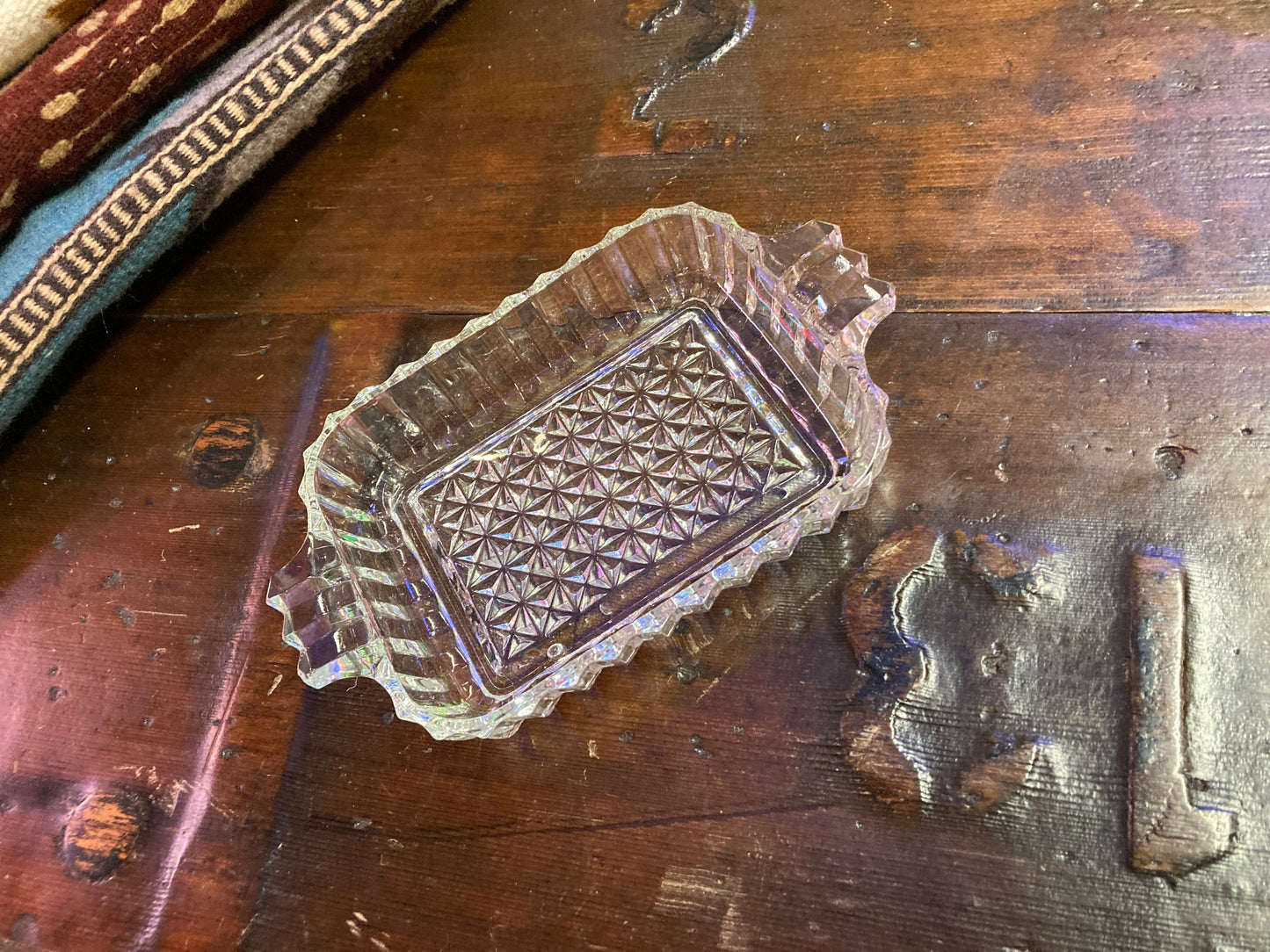 Vintage Rectangle Shaped Cut Glass Candy Dish