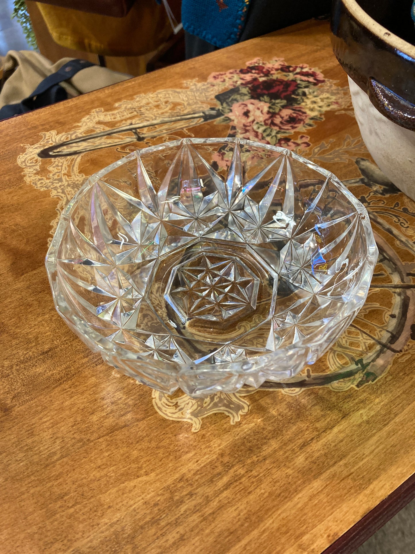 Vintage Round Cut Glass Star Burst Design Candy Dish