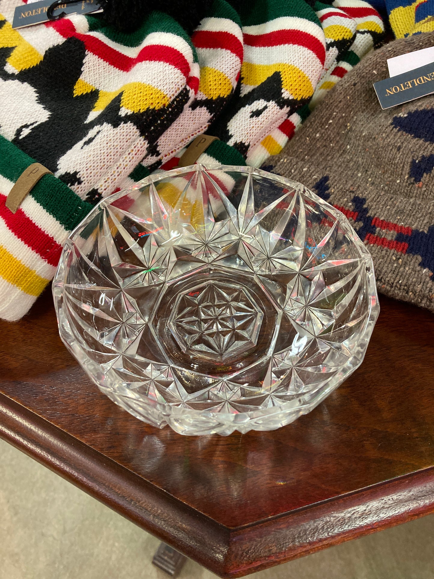 Vintage Round Cut Glass Star Burst Design Candy Dish