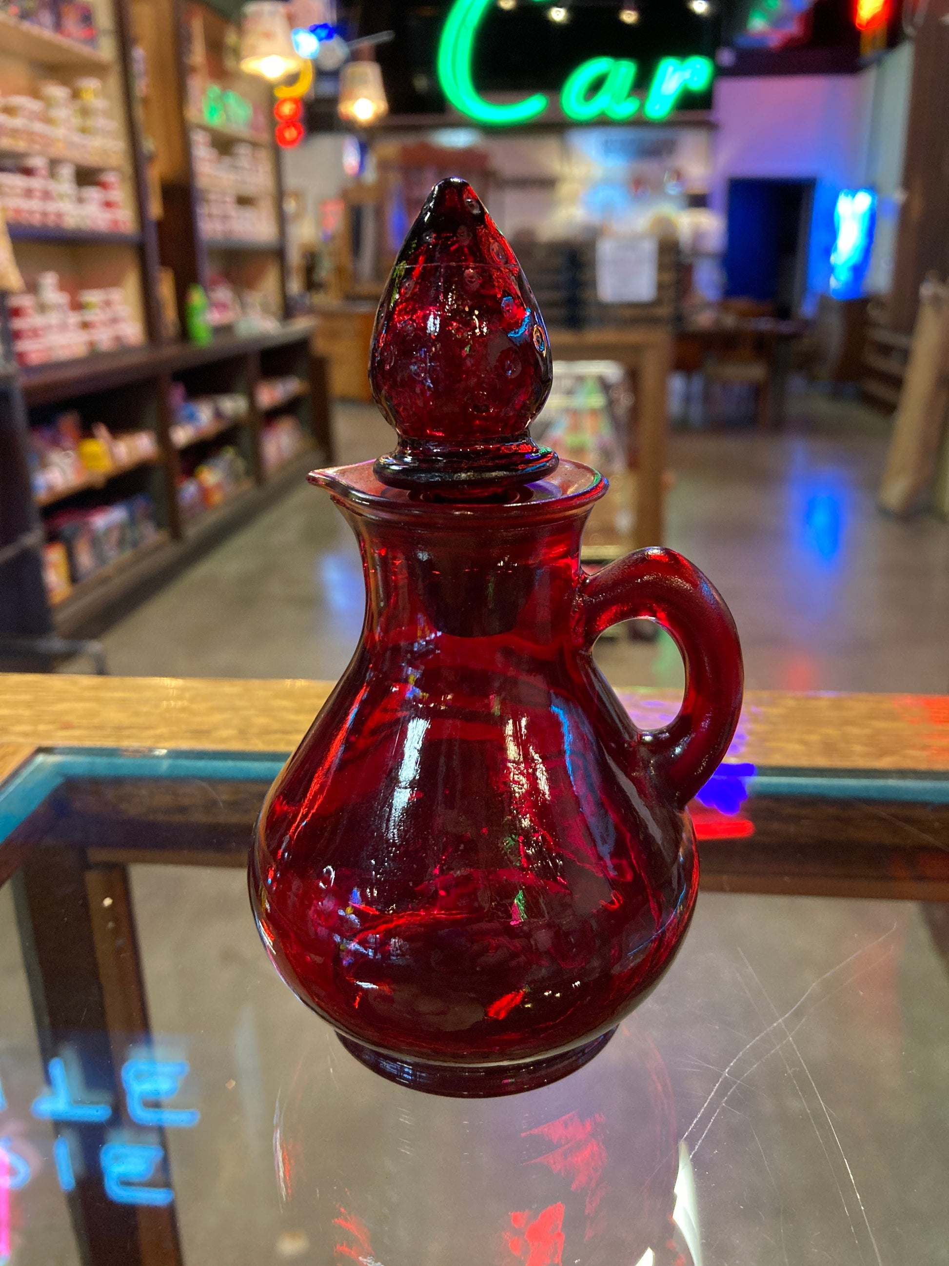 Red Glass Bottle Vintage Avon Strawberry Bath Foam Perfume Decanter  Strawberry Top Ruby Red Decanter With Lid Boho Eclectic Decor 