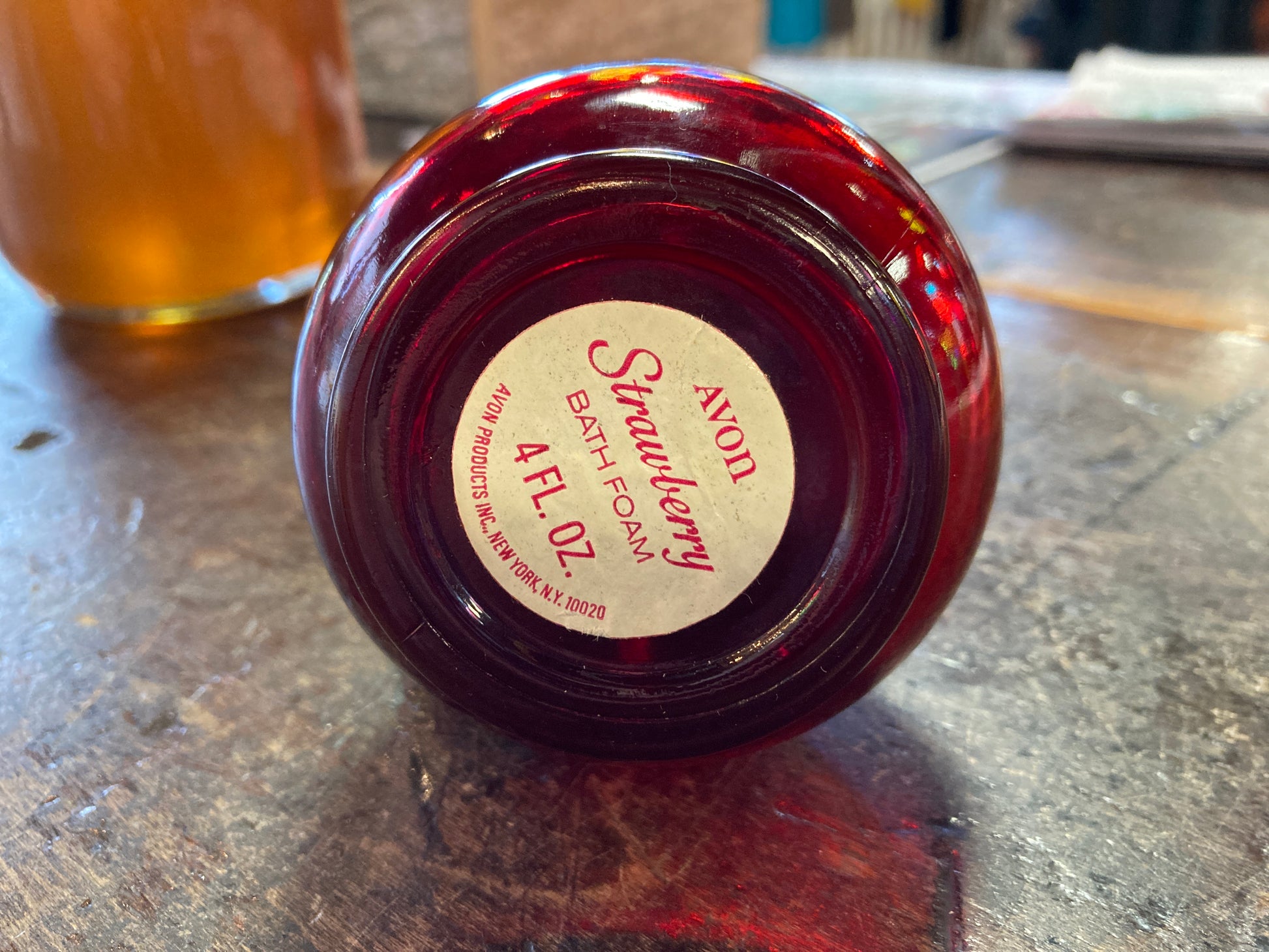 Red Glass Bottle Vintage Avon Strawberry Bath Foam Perfume Decanter  Strawberry Top Ruby Red Decanter With Lid Boho Eclectic Decor 