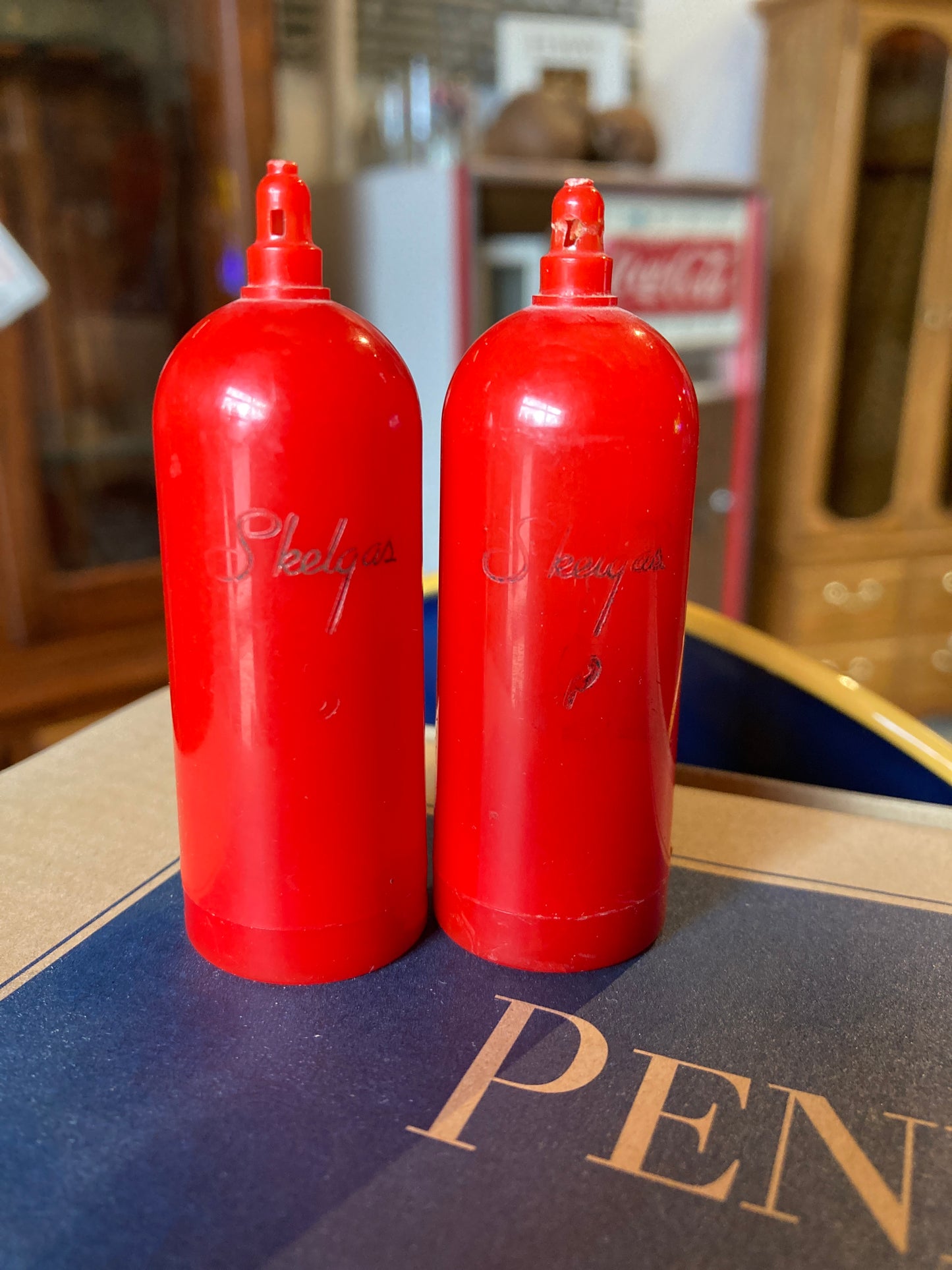 Vintage Skelgas Red Propane Tank Salt & Pepper Shaker Set