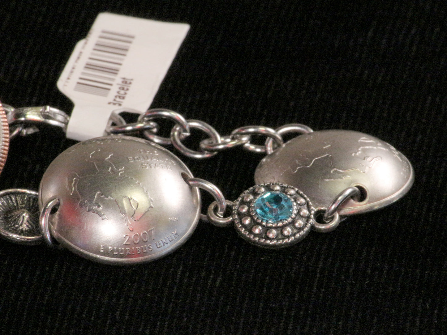 Bracelet with 3 Wyoming Quarters and two light blue and silvertone beads