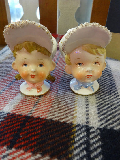 Boy & Girl Faces  in White Hats Salt & Pepper Shaker Set