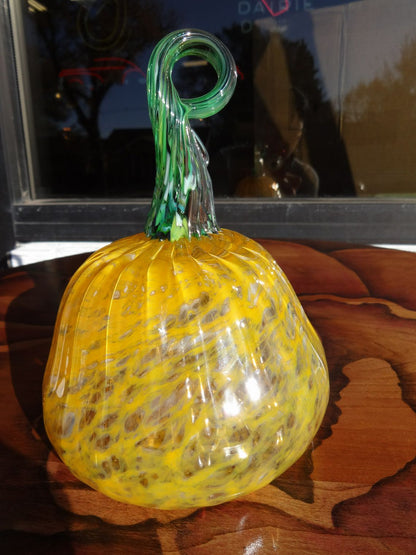 Hand Blown yellow pumpkin with metallic green stem