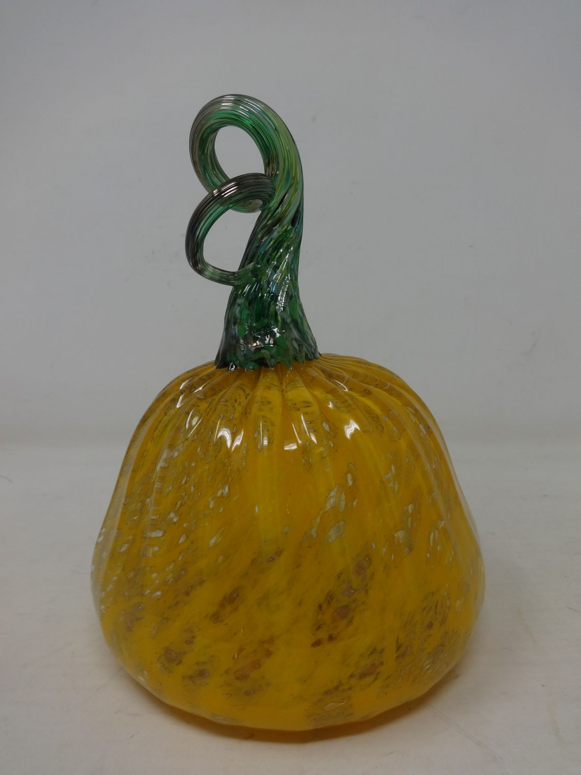 Hand Blown yellow pumpkin with metallic green stem